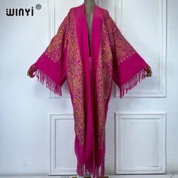 WINYI kimono Embroidered tassel long cardigan winter coats for women abaya dubai luxury Middle East fashion dresses outerwears