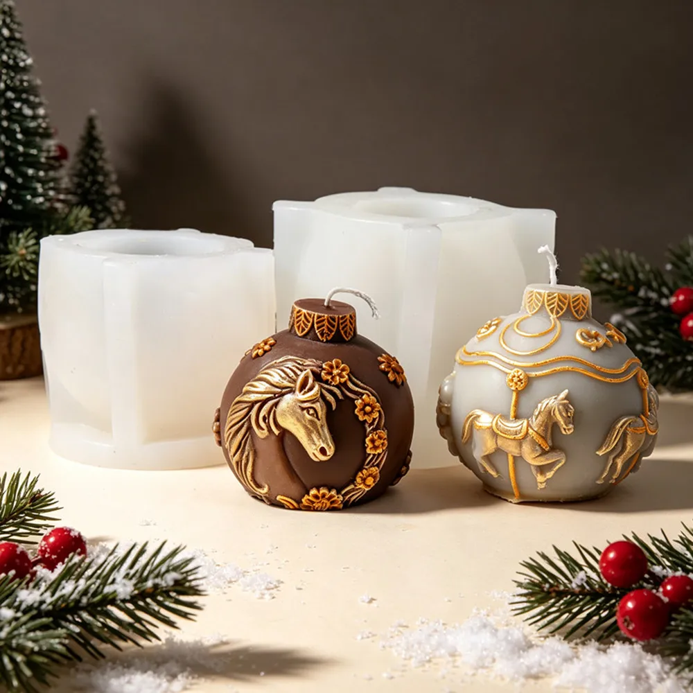 3D Christmas Bell Ball Shape Silicone Mold with Relief Carousel/Flower Horse Details Candle Making Mold DIY Horseshoe Horse Mold