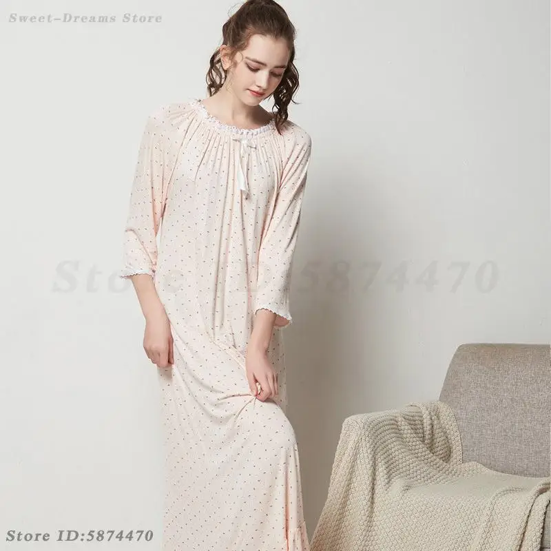 Spring Summer Long Nightdress Sweet Round Neck Printed Nightgown Sleepwear Cute Princess Home Dressing Loose Casual Nightwear 2