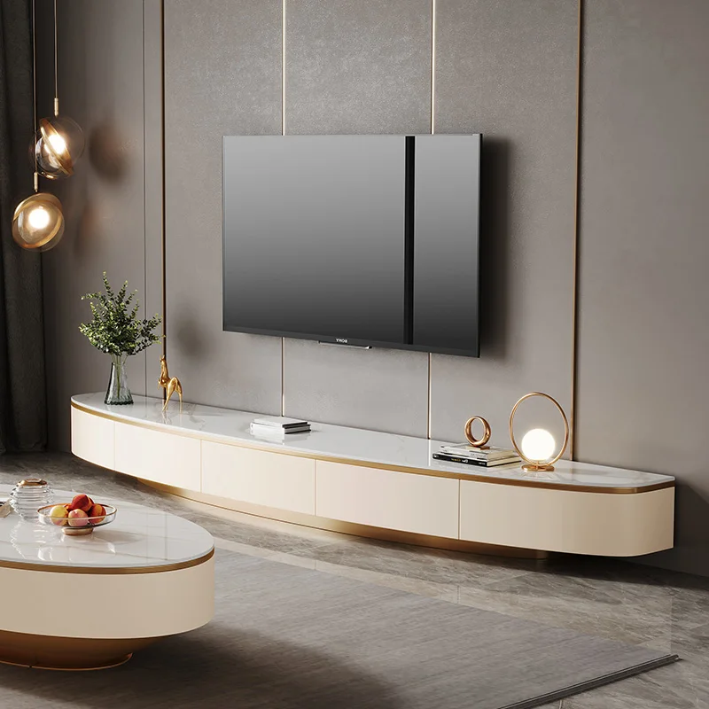 Modern Luxury Marble Top Wooden Tv Stand and Coffee Table Set for Living Room Beige Console Floating Cabinet Furniture Design