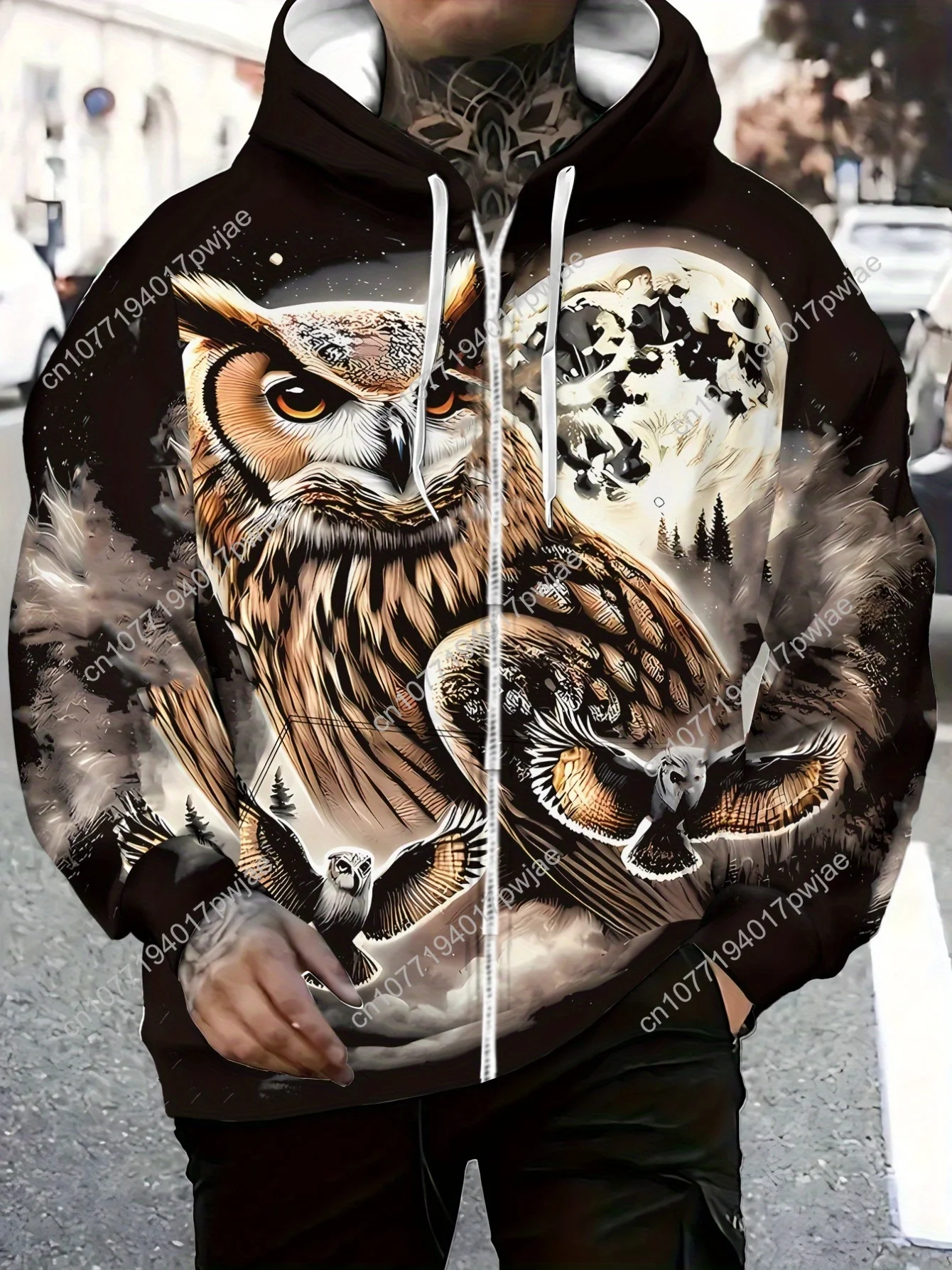 Abbigliamento sportivo da uomo con cappuccio a maniche lunghe con cerniera Felpa con cappuccio con stampa gufo per abbigliamento da soggiorno, tessuto morbido in poliestere, Sw leggero e resistente