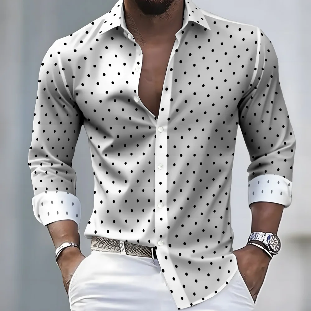 21-color men's polka dot print long-sleeved collared shirt for spring and autumn. Comfortable, casual, suitable for vacations an