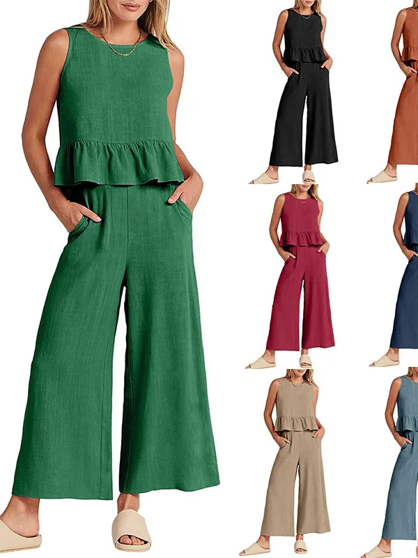 

Повседневный комплект с широкими брюками и жилетом, женский комплект из тонкого материала на лето и весну, круглый наряд со складками, домашняя одежда, молодежная мода