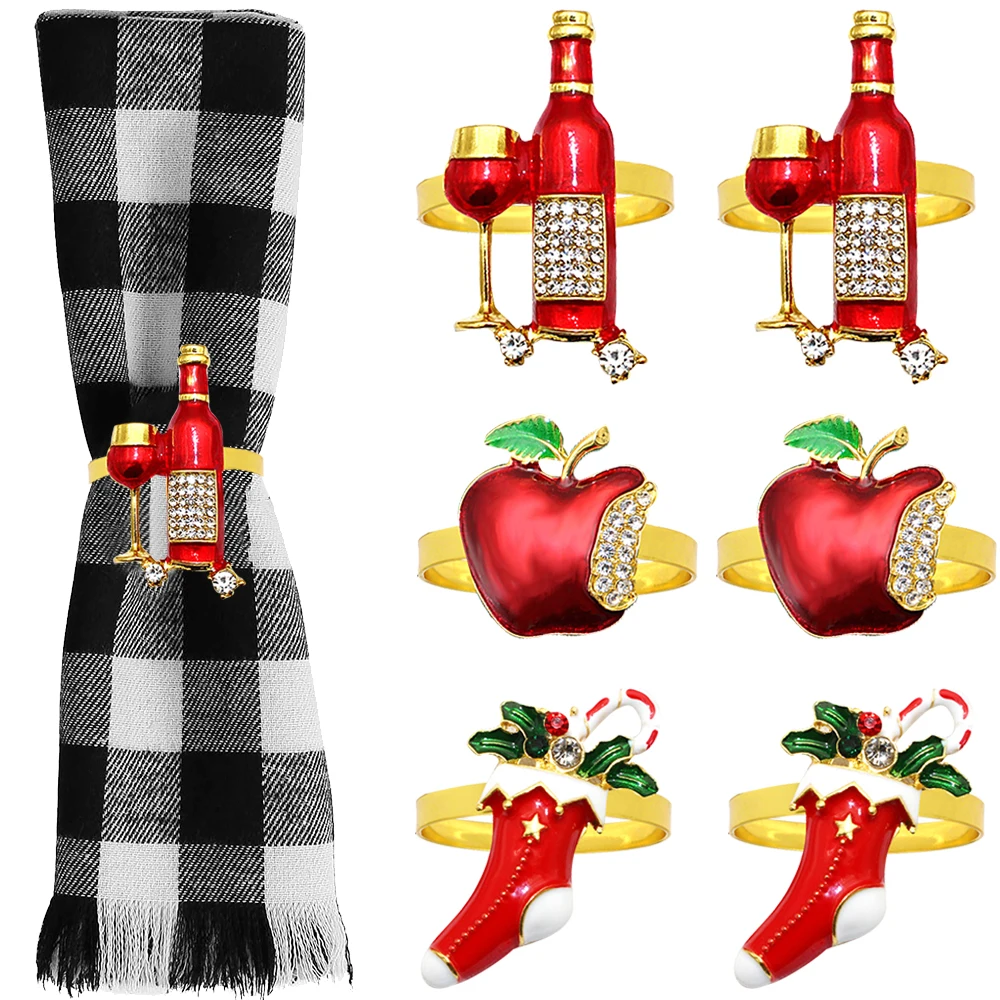 6Pcs Christmas Sock Napkin Rings Rhinestone Wine Bottle Napkin Buckle Red Apple Napkin Holders for Wedding Party Table Decor