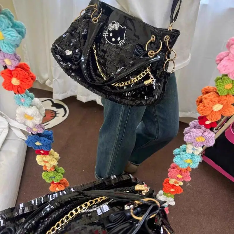 Borsa con paillettes Sanrio di grande capacità Borsa originale Y2K Hello Kitty con fiocco Borsa a tracolla con una spalla per sottocultura di nicchia Sweet Hot Girls