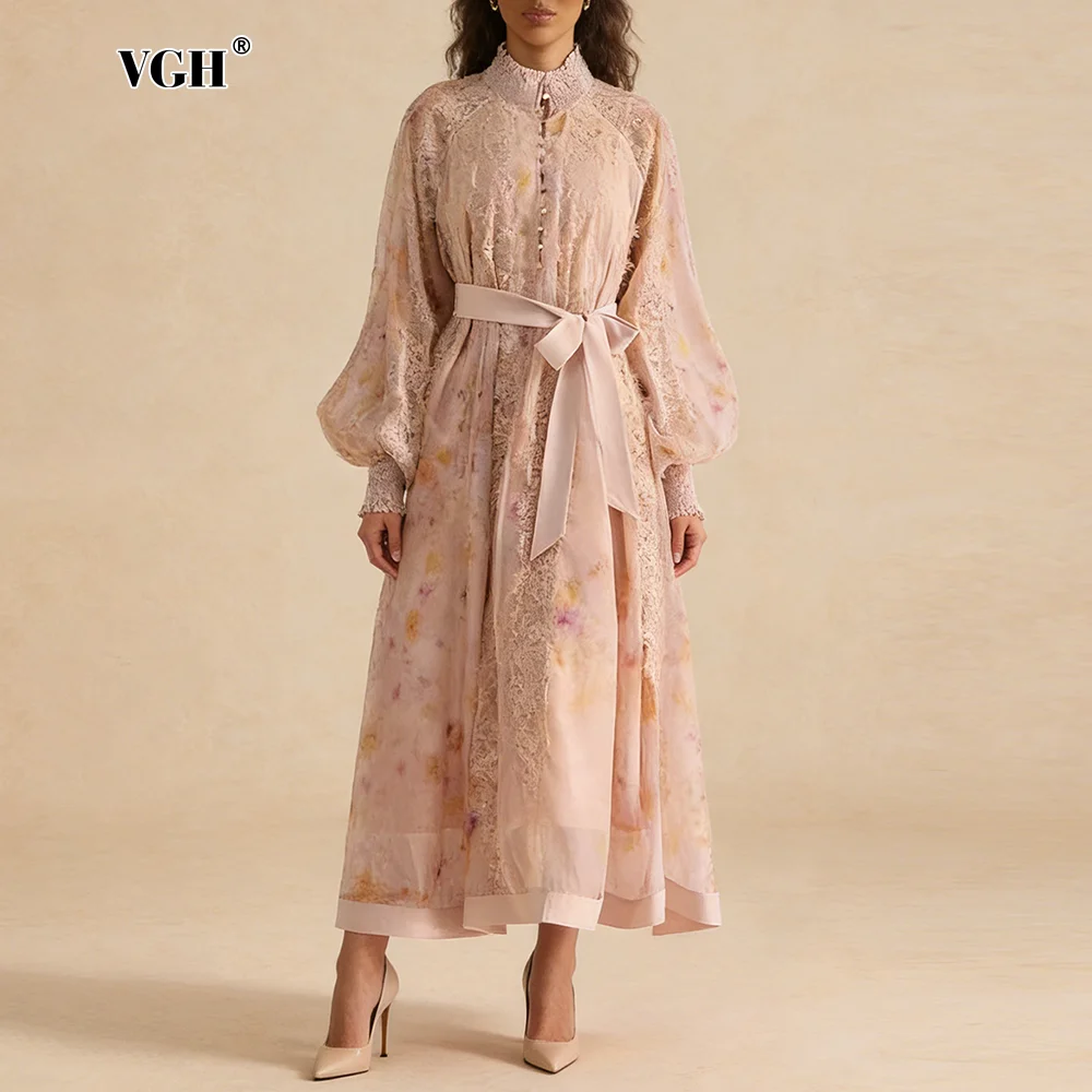 VGH Elegantes Rosa Spitzenkleid für Damen mit Stehkragen und Laternenärmeln, Locker Fallender Silhouette-Rock für Kunstausstellungen und Gesellschaftliche Anlässe