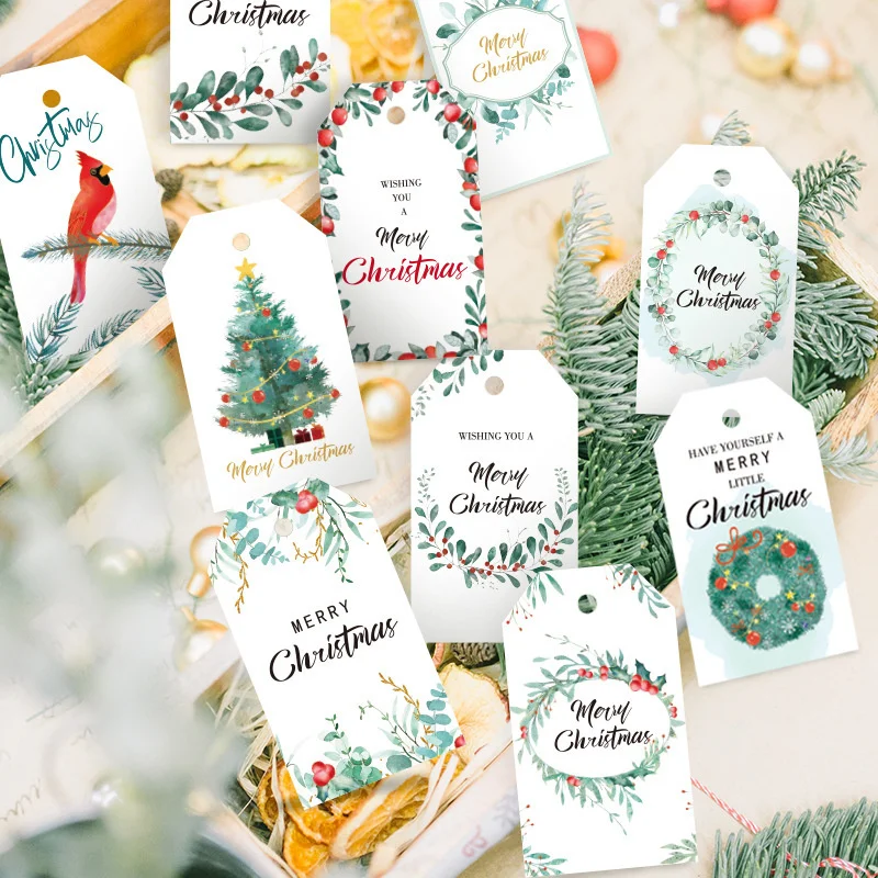 50pcs Merry Christmas Paper Tag Neol Tree Wreath Hanging Labels with Rope Navidad Party Decoration DIY Crafts Packaging Supply