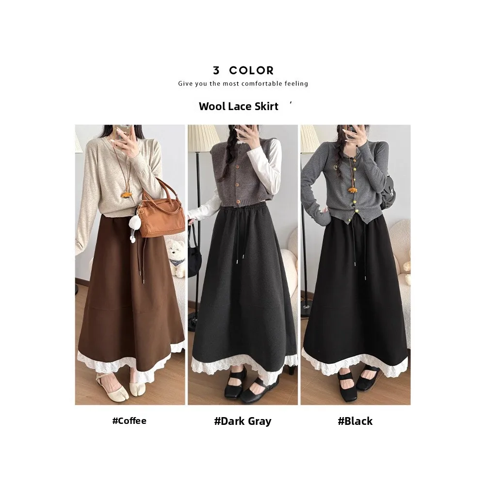 Autumn Winter Women's Woolen A-Line Skirt High Waist Drawstring Lace Trim Large Size Midi Skirt Casual Standard Fit Pure Color
