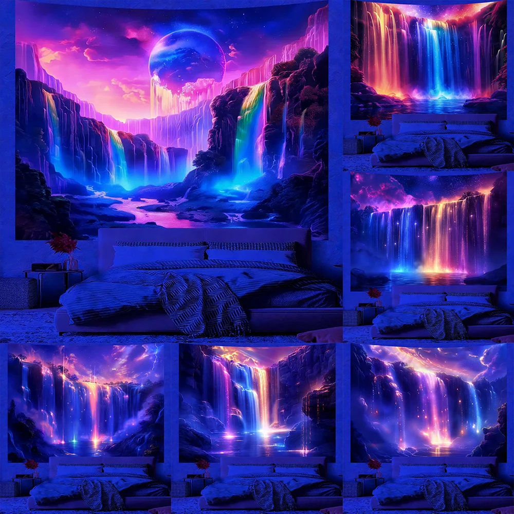 Leuchtender Wasserfall-Wandteppich für Lebendige Raumdekoration UV-Reaktiver Wandbehang Schlafzimmer-Partydekoration