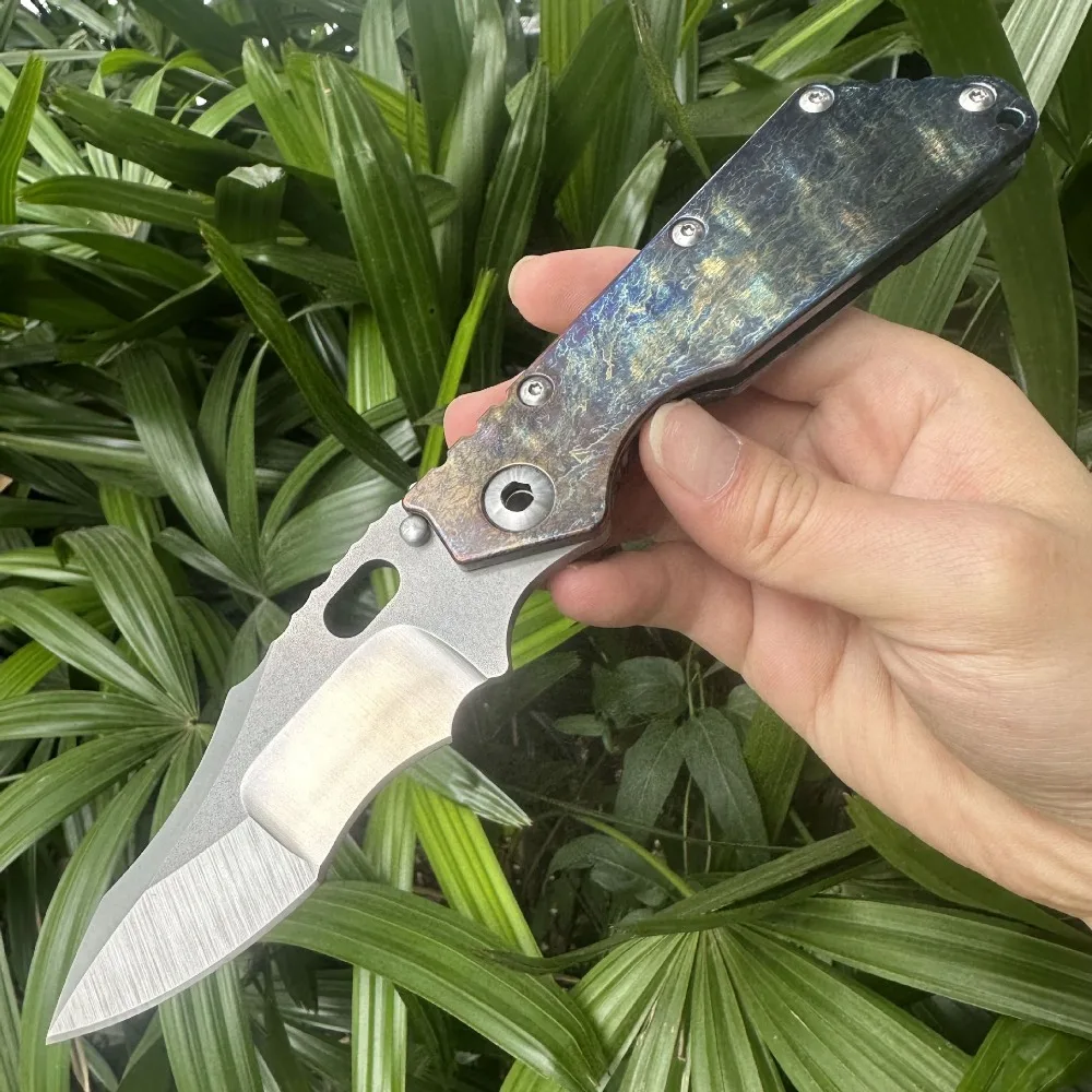 

folding knife VG10 blade, baked blue patterned titanium alloy handle with back clip, outdoor EDC high-end cutting tool