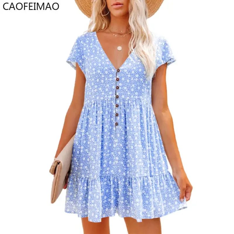 2023 Caofeimaoผู้หญิงหลวมVINTAGEแฟชั่นRuffles Befreeชุดลูกไม้ขนาดใหญ่เซ็กซี่ฤดูร้อนBoho Casual PARTY Elegant Dresses