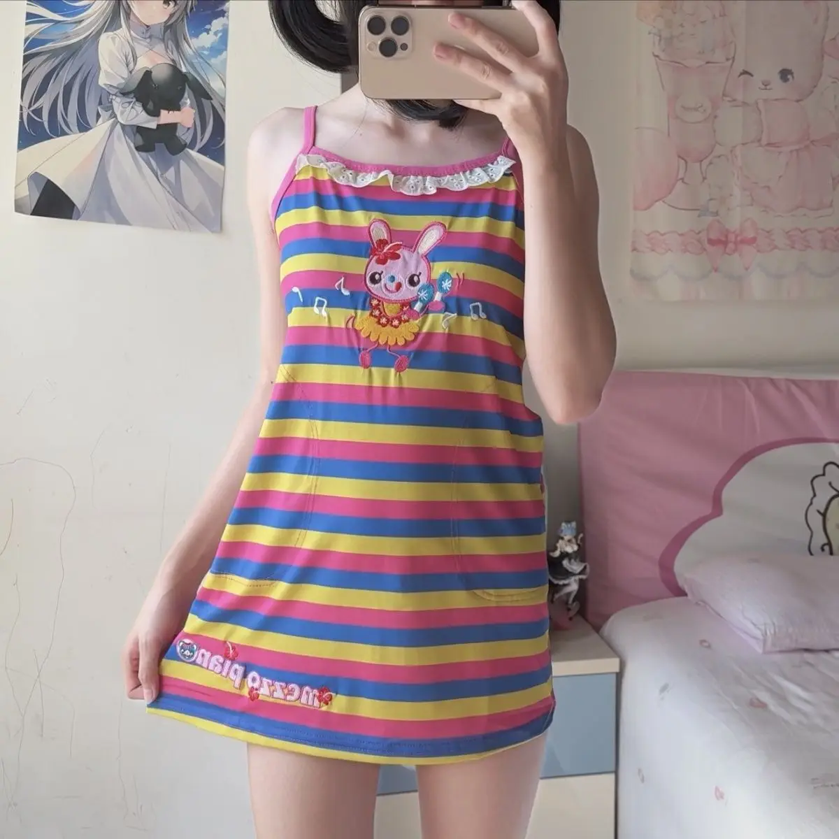 2026 Japanese Sweet Lolita Style Strap T-shirt Stripe Print Kawaii Women Casual Spring Summer Cute Harajuku Fashion Outfit Dress