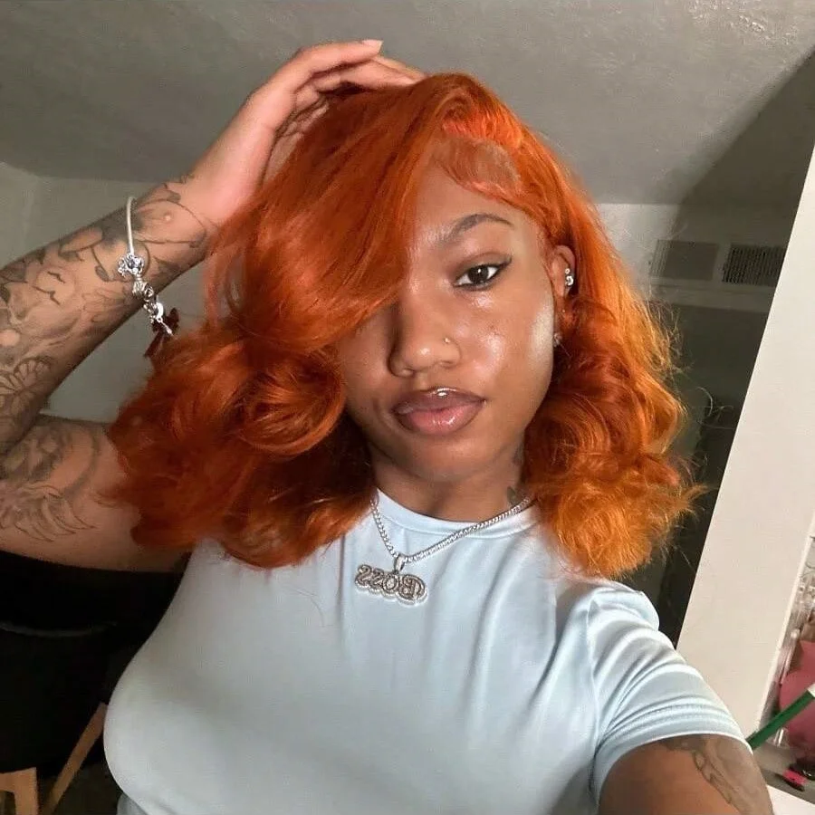 Pelucas de cabello humano Frontal de encaje transparente 13x4 naranja jengibre 8-18 pulgadas peluca Bob corto ondulado 200% prearrancada con pelo de bebé
