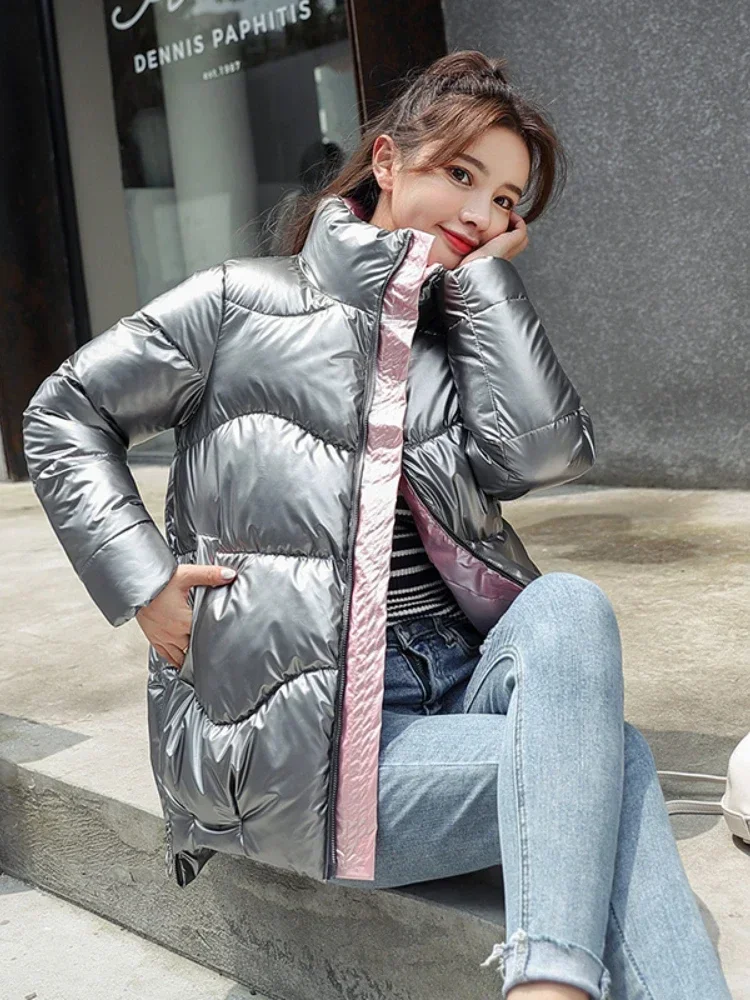 Light-reflecting Jacket Women Winter Warm Bread Parka Short Padded Casual Thick Stand-callor Oversized Cotton Coat Femme Parkas