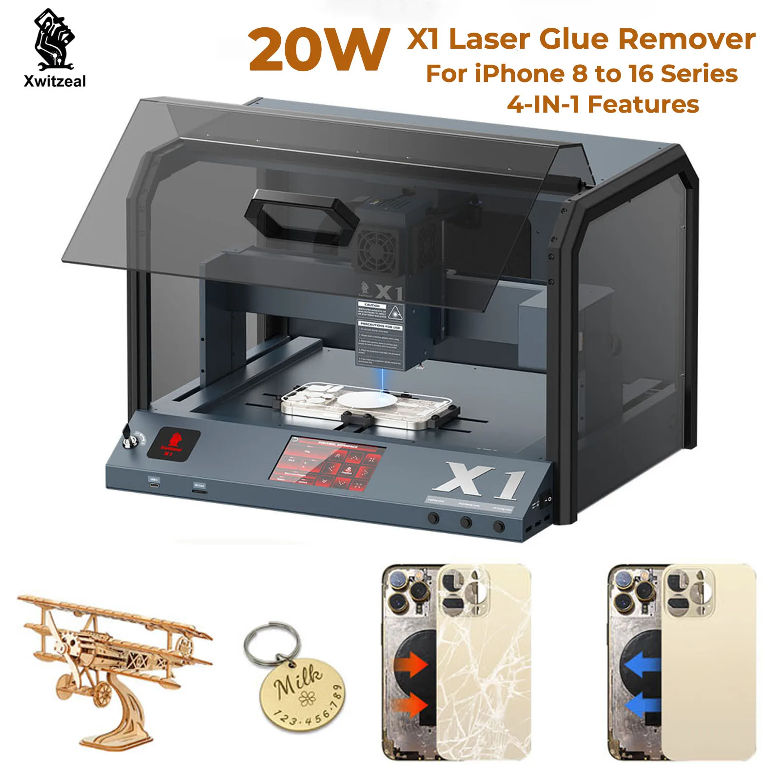 Xwitzeal X1 Laser Machine for iPhone 8-16 Back Glass Removal, 20W 4-IN-1 Laser Glue Remover Repair&Engraving&Curing Machine