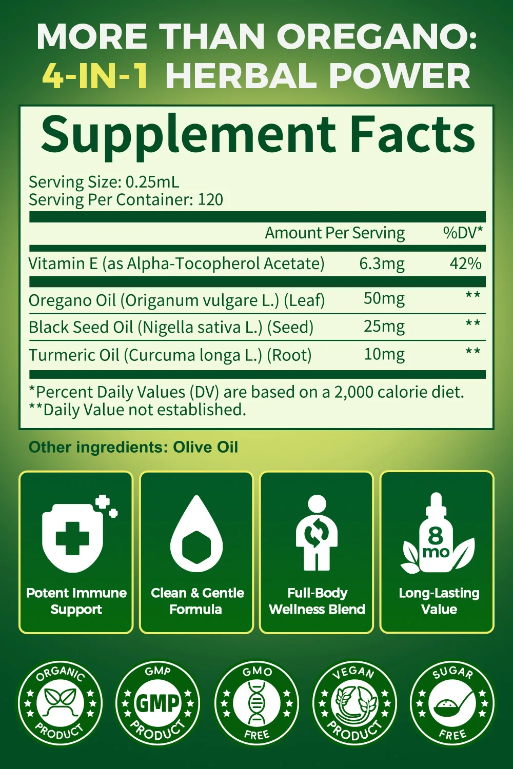Lukaree 4 في 1 قطرة زيت الأوريجانو مع زيت الكركم والفيتامينات E، 80% كارفاكول، المناعة، التنفس، نباتي الجهاز الهضمي، خالي من السكر غير وراثيًا