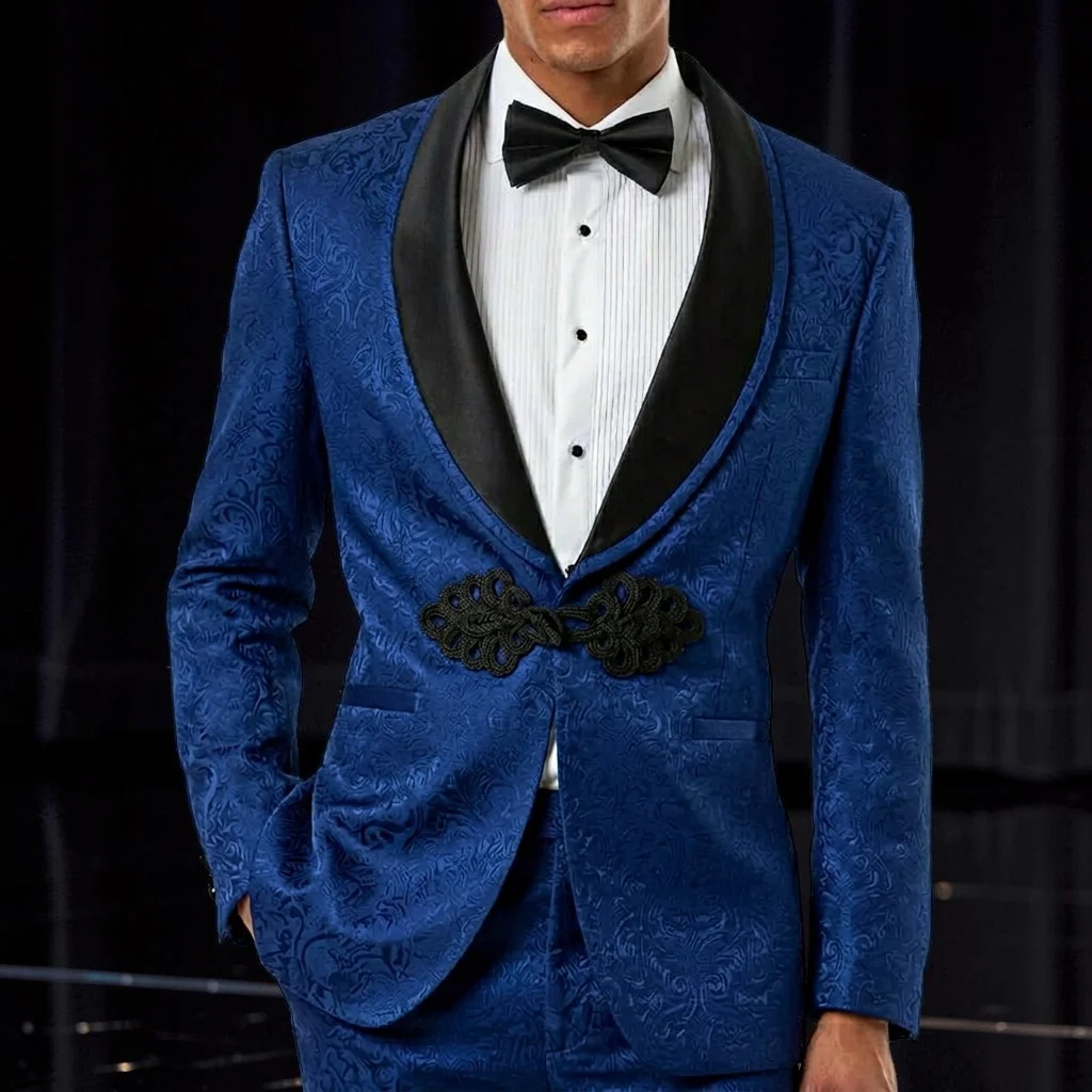 

2 Pieces Floral Men Suits Runway Style White Suit Black Satin Lapel Frog Closure Slim Fit Blazer with Pants for Red Carpet Gala