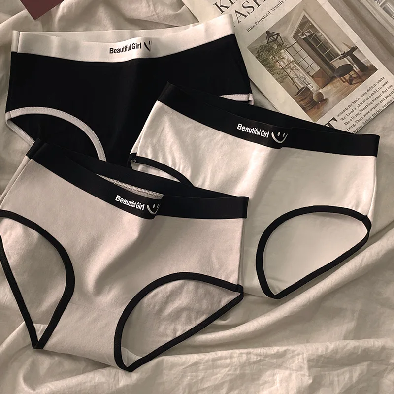 3PCS Bavlněné kalhotky Dívčí Dámské kalhotky Jednobarevné spodní prádlo Středně velký pas Měkké prodyšné kalhotky Dámské spodní prádlo - náhled 3
