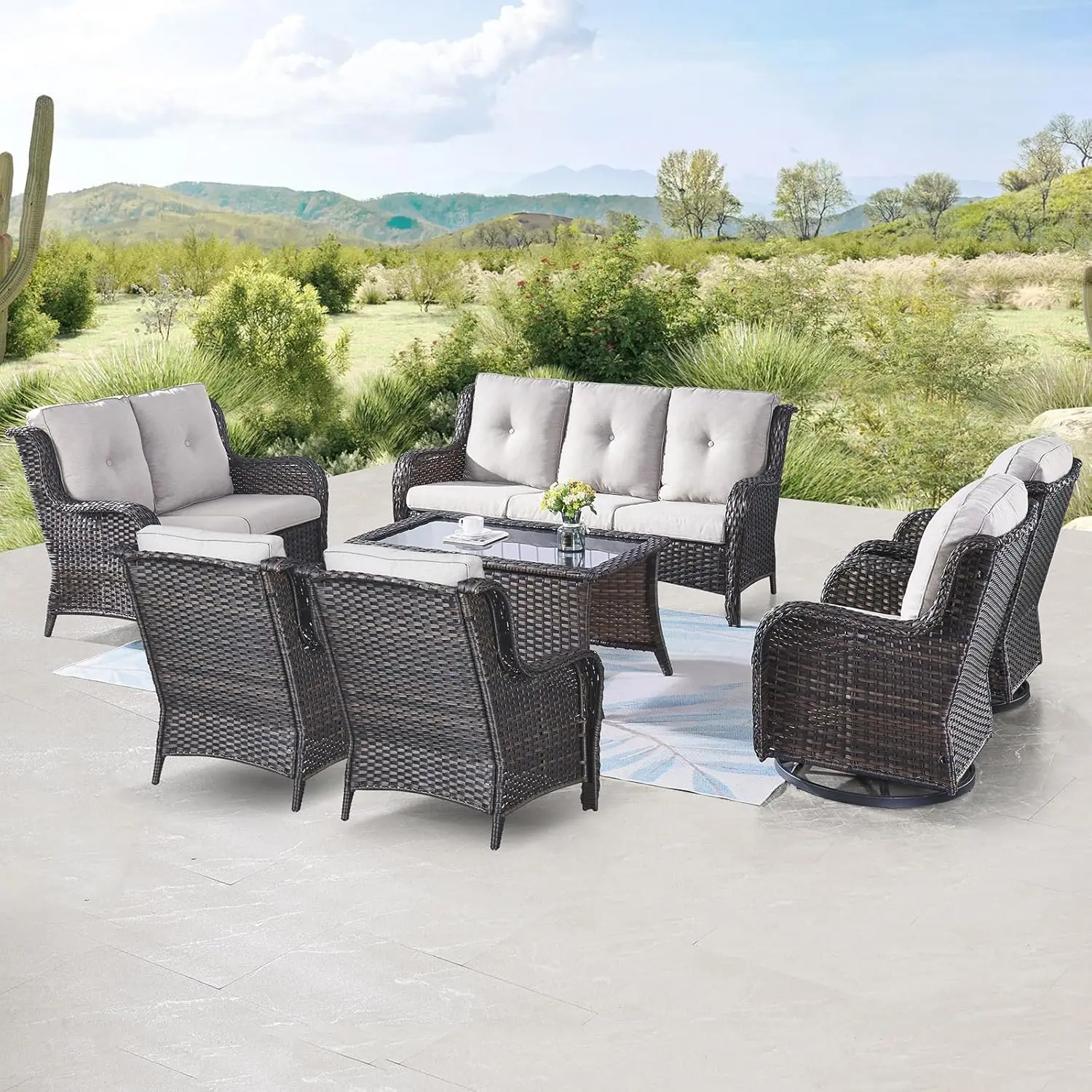 

Wicker Furniture Patio Set - 7 Piece Brown Rattan Sets with Swivel Rocker Chairs, Rattan Sofa, Club Chairs, Beige Cushion