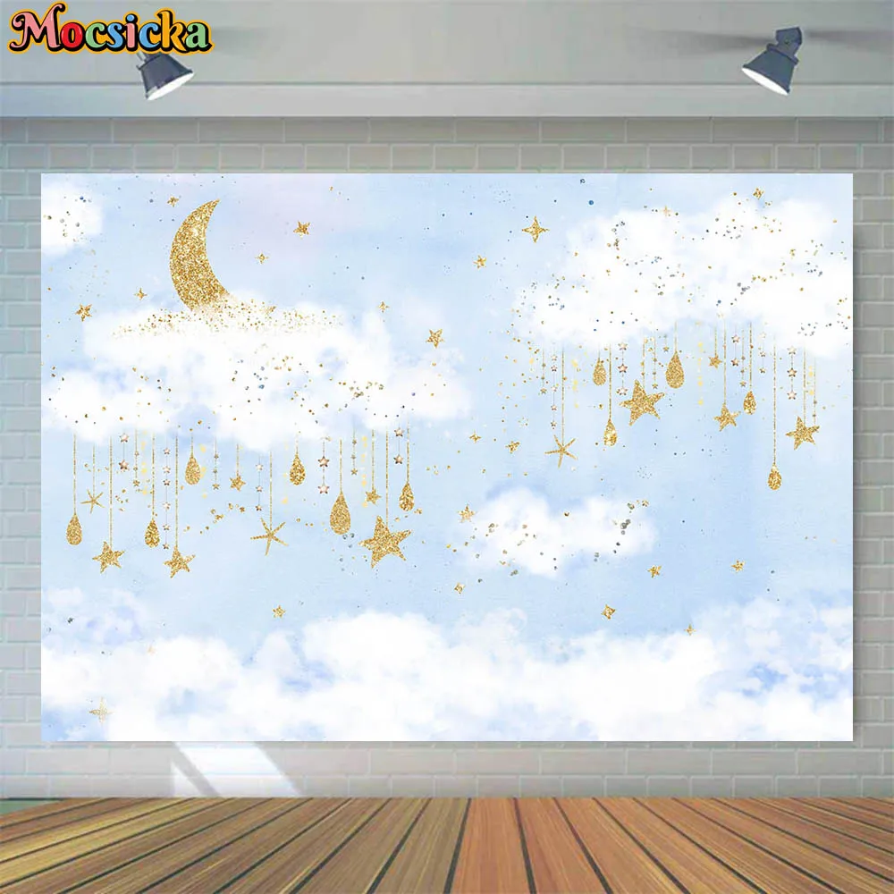 

Mocsicka Newborn Photography Backdrops Blue Sky White Clouds Golden Moon Star Kids Birthday Background Decor Studio Photo Shoot