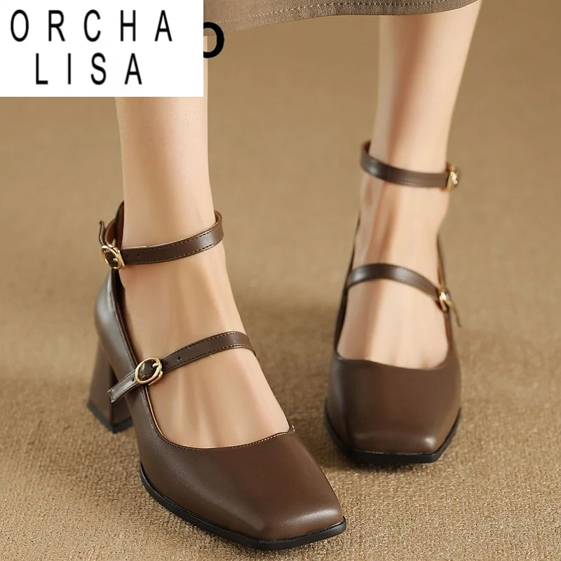 

ORCHA LISA 2025 Туфли-лодочки Мэри Джейн с квадратным носком и блочным каблуком 6 см с двойной пряжкой и ремешком Большие размеры 45, 46 47 48 Модная женская обувь для свиданий