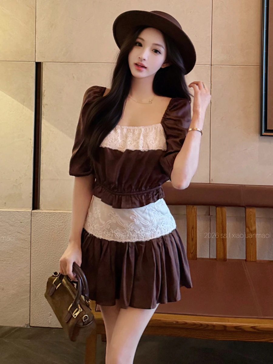 Sexy Lace Splice Bubble Sleeve Design Slim Fit Shirt Top Fluffy Half Skirt Two Piece Set Women's Fashion Casual Wear