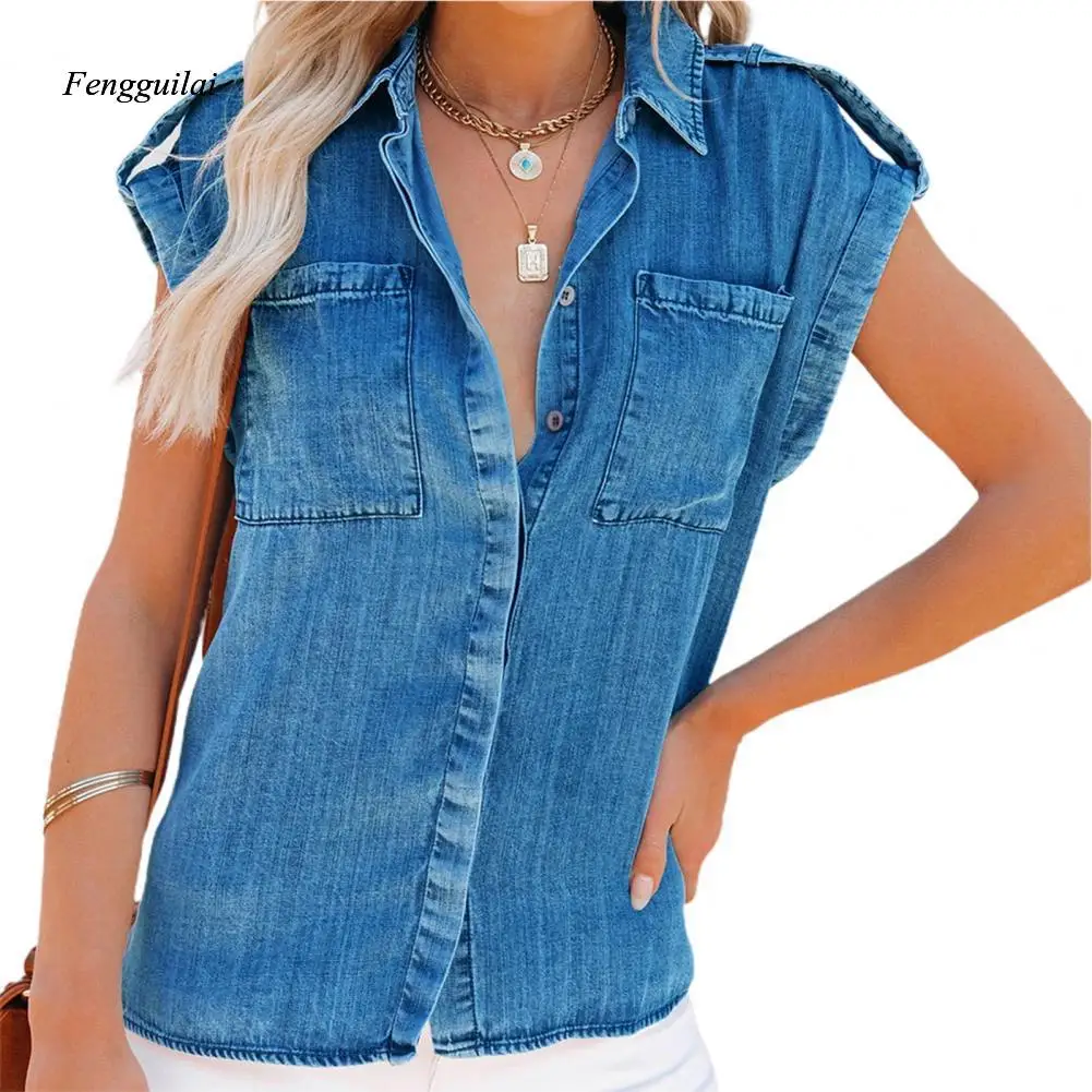 Casual Denim Shirt Women Summer Short Sleeve Single Breasted Loose Jean Blouses Vintage Harajuku Chic Tops Office Lady Tunics