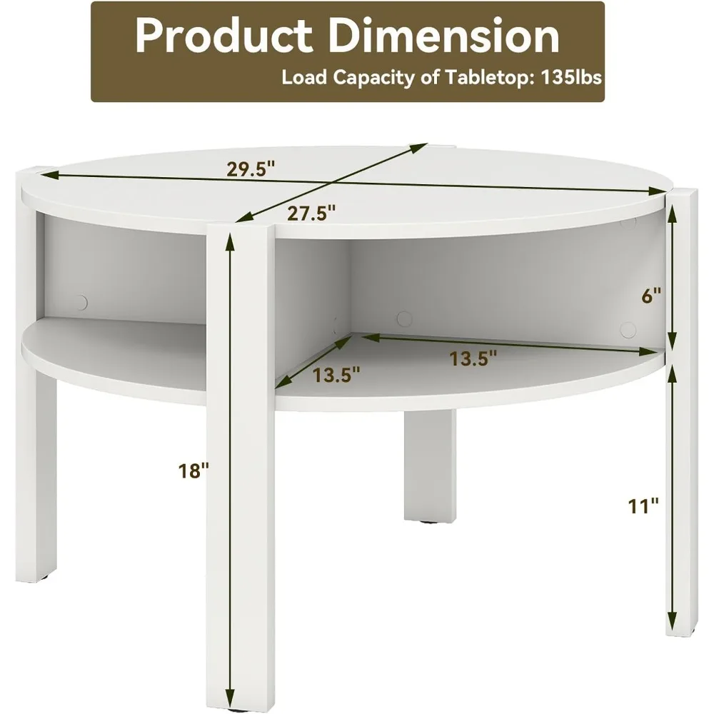 Round 2-Tier Mid Century Modern Coffee Table with Storage Shelves and Side Compartments, Wooden Center, Cocktail Table Design