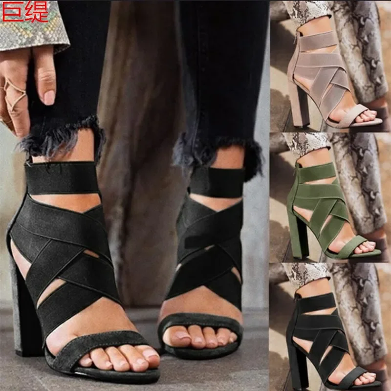 Women Sandals Stretch Fabric Slip on ZIP Thick Heel High Heels Round Toe Shallow Sandal Women Shoes 2020 Size 35-42 Black