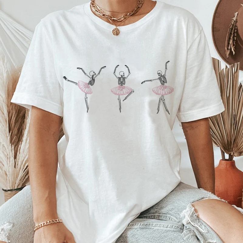 

Skeleton Ballet Print Casual Funny T-Shirt Short Sleeve Loose Cute Graphic Tshirt Women Fashion Art Tee Shirt Halloween Tops