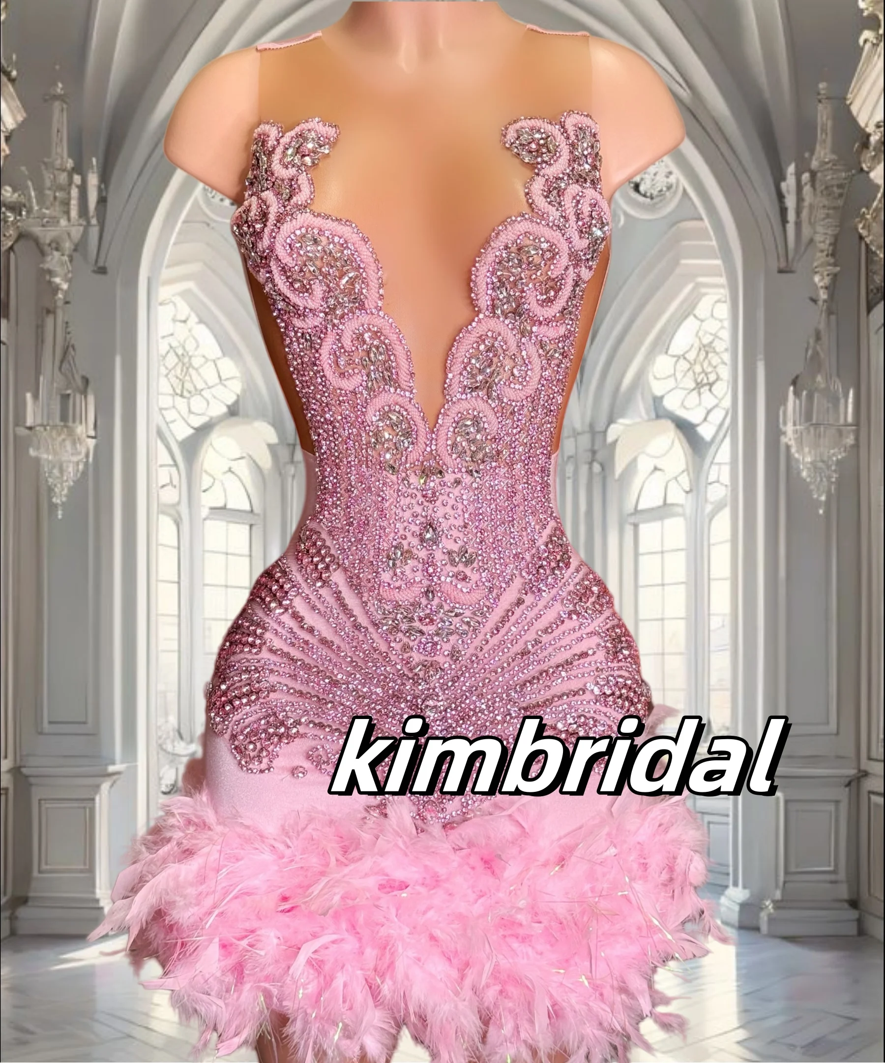 

Real Pink Crystal Feather Prom Dresses Short for Girls 2025 V Neck Diamond Pearls Luxury Mini Sheath Party Cocktail Gowns
