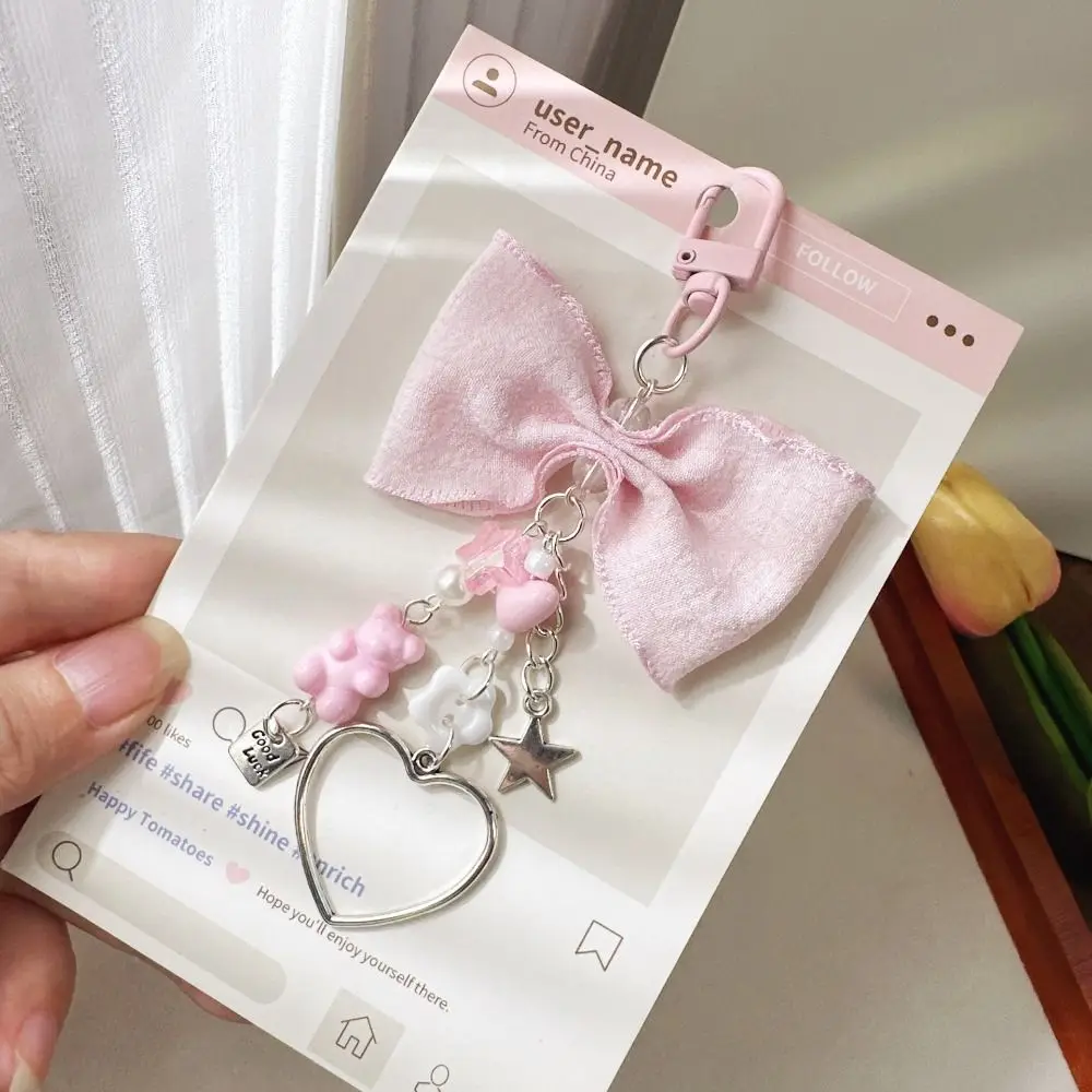 Cute Wrinkled Bow Design Pearl Heart Little Bear Love weet Pearl Tassel Keyrings Handbag Pendant For Girls