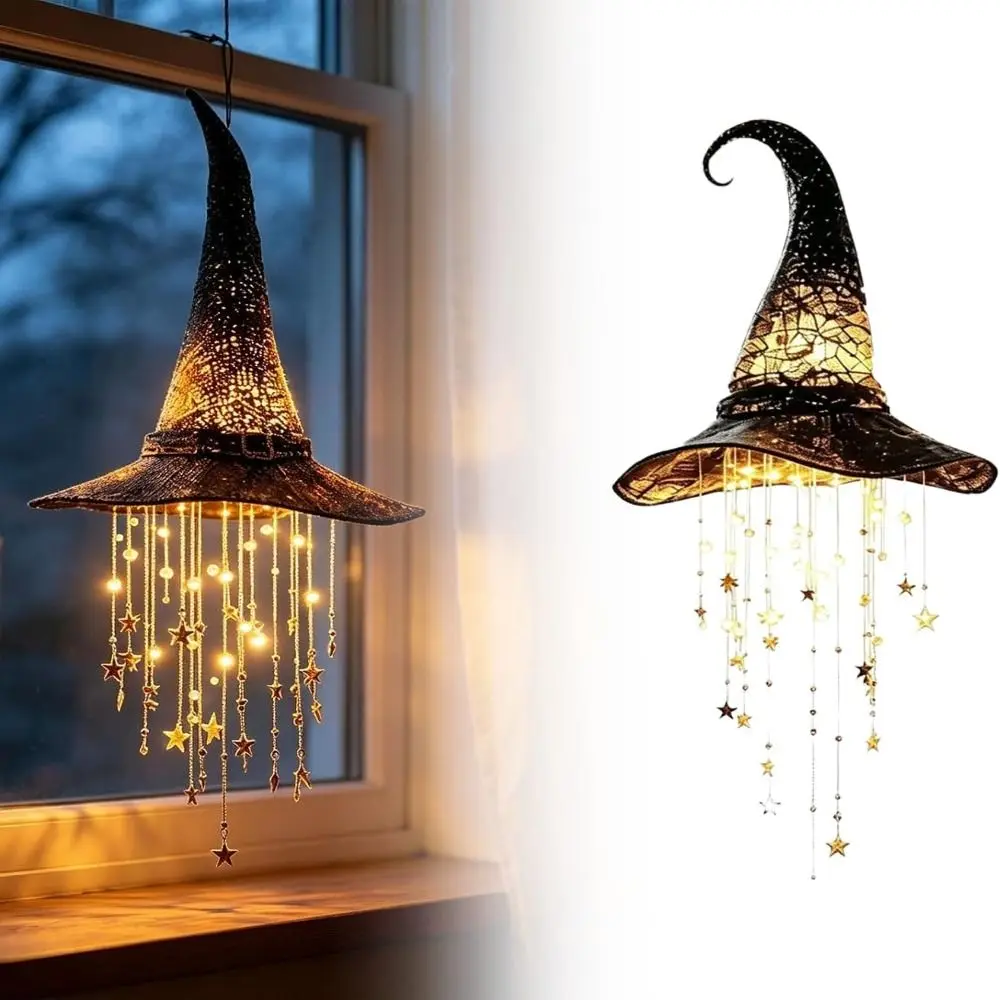 Warm Led Glow Lighted Witch Hat Hanging Chime Hanging Design Warm LED Lights LED Halloween Ornament Decor Witch Hat Light Porch
