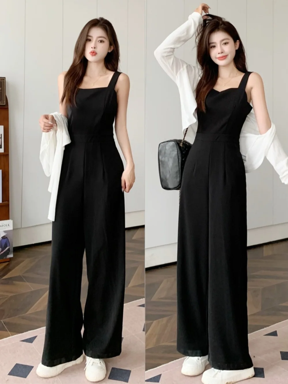 

Элегантный черный брючный костюм без рукавов на бретелях с завышенной талией, утягивающий, с широкими штанинами, длинные брюки, для офиса, модный, женский