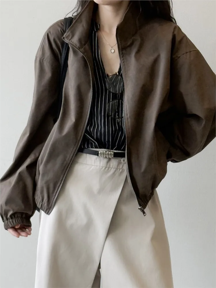 Veste ample décontractée pour femmes, manteau, nouvelle mode rétro marron, poches, fermeture éclair, vestes courtes, Chic, Simple, vêtements d'extérieur, automne 2025