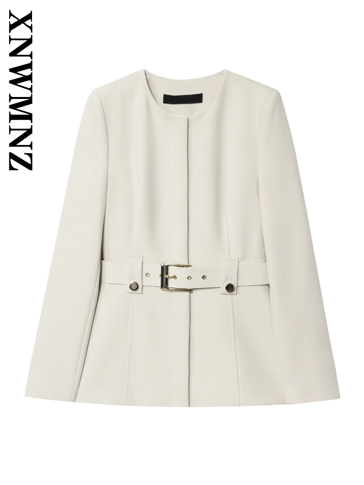 

XNWMNZ 2025 Autumn New Woman's Chic Simple O-Collar Long Sleeve Long Sleeve Top Fashion Casual Woman Beige Commuting Suit Coat