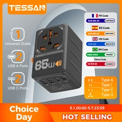 TESSAN 65W GaN International Plug Travel Adapter with USB Type C 140/100/35W Worldwide Universal Power Adapter EU/UK/US/AUS Plug