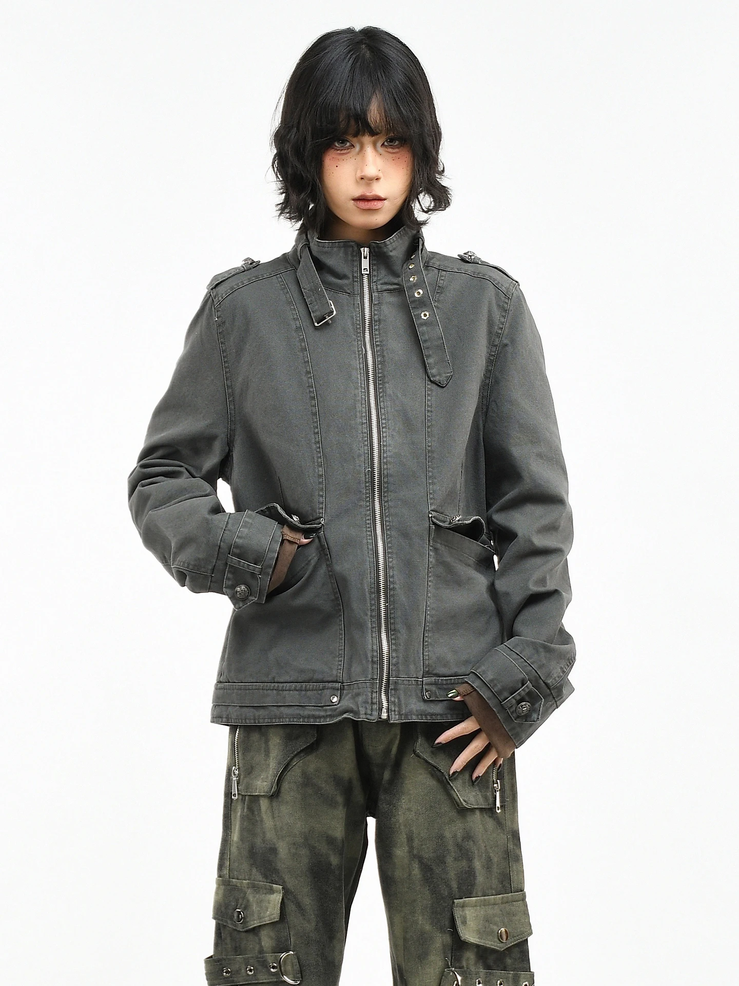 

OV Original American Sle Worn Waed Multi ket Workwear Jaet Women's Casual ort Motorcycle Jaet Top Trendy