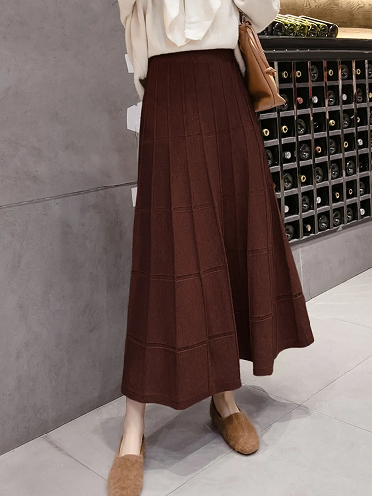 Winter Long Knit Skirts Warm Cashere Blend Plaid Knitted A-line Big Flared Maxi Long Skirts 90cm Coffee Gray Beige Khaki