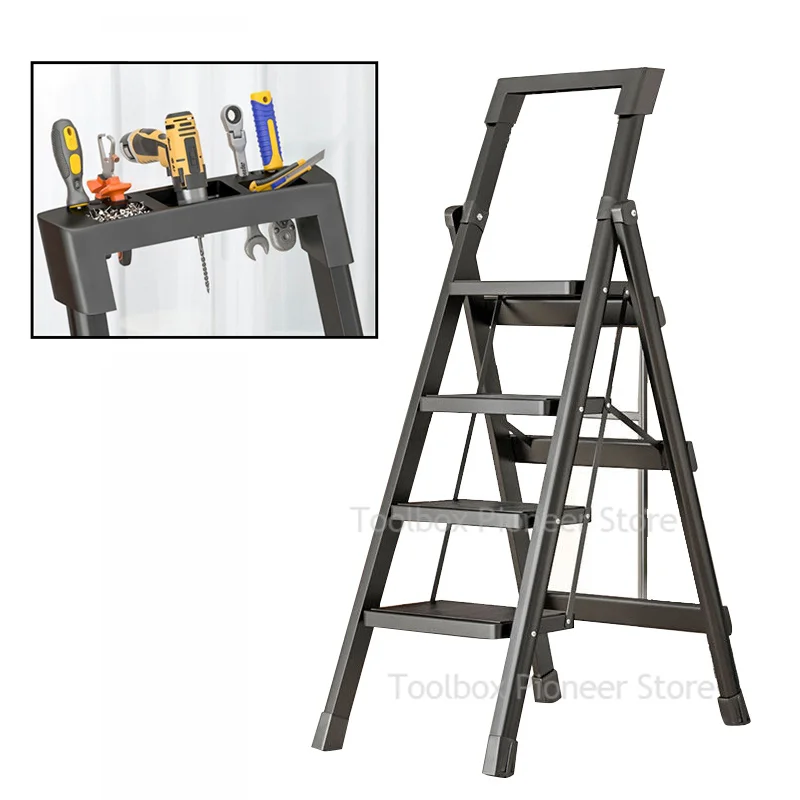 

Black Ladders Home 3 Step Folding Ladder with Handrails Kitchen Step Stools Indoor Foldable Household Ladder Handle Type Stairs