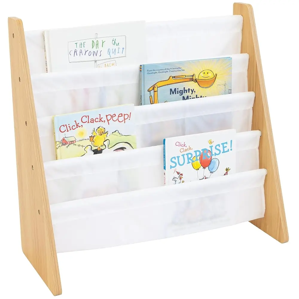 

4-Tier Kids Bookshelf, Natural Wood/White - Premium Book Shelf For Kids Rooms With Four Deep Pockets - Toddler Sling Book Ra