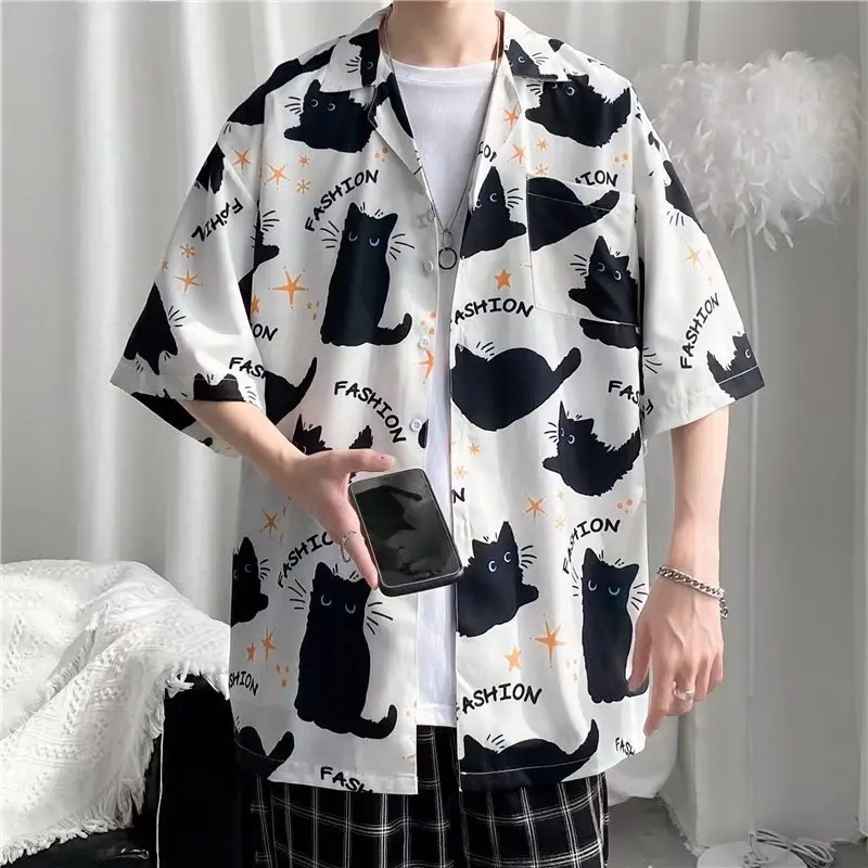 

Y2K Summer Hawaiian Shirts For Men Hip Hop Funny Printed Black White Button Top Men And Women New Streetwear Short Sleeve Shirt