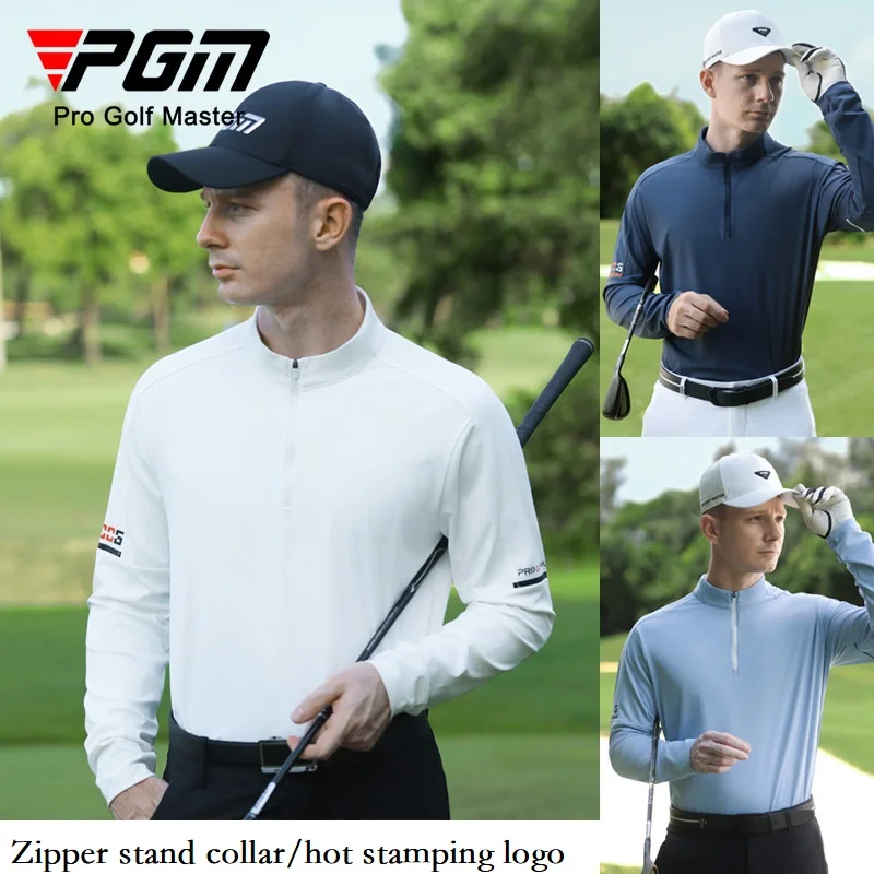 Novo pgm outono camisa polo masculina gola com zíper golfe wear masculino manga longa elástica esportes topo casual cor sólida camiseta de golfe