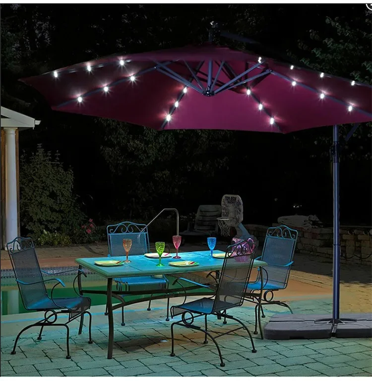 Customized Full Set LED Light Outdoor Garden Sun Beach Parasol Modern Cantilever Patio Umbrella Bases Parts Outdoor Furniture