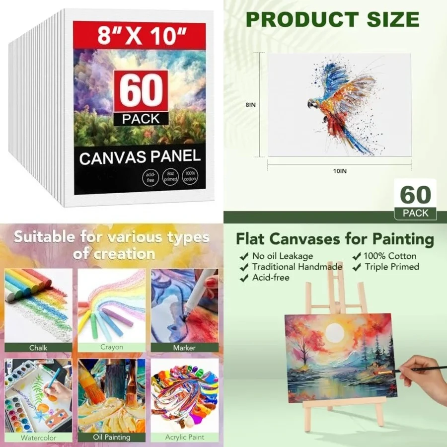 

8x10 Canvas for Painting, 60 Pack Canvas Boards for Painting, Blank Canvases for Adult & Kids-Cotton Primed Painting Canvas Panels for Oil, Watercolor, Acrylic, Tempera.