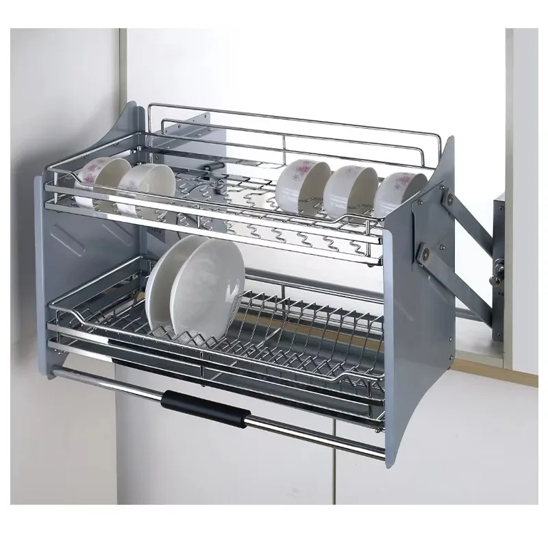 

Tall Kitchen Tableware Storage Organizer Pull Down Elevator Lifting Flat Wire Baskets for Cabinets Storage