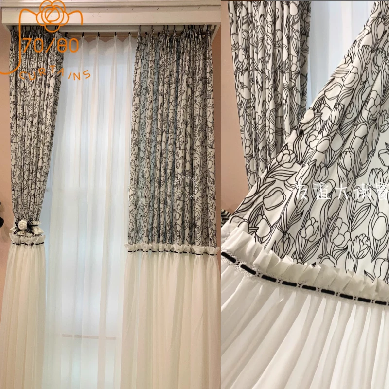 French Black and White Tulip Jacquard Cotton Linen Patched Curtains for Bedroom Living Room French Window Customized Villa