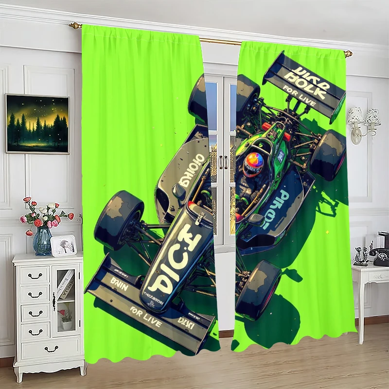 Green - Formula Racing -2 pieces - Printed curtain, 100% polyester, suitable for home decor