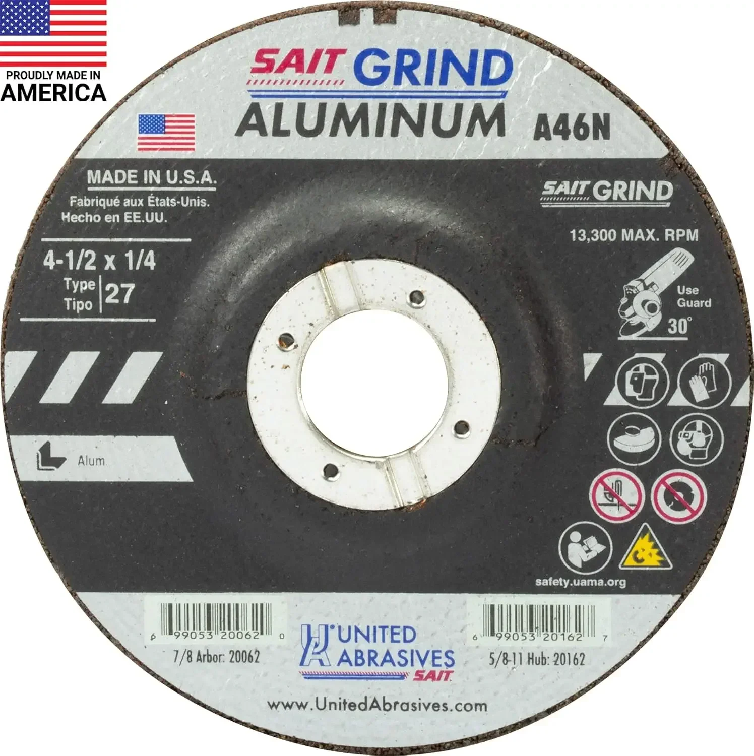 Abrasives-SAIT 20062 A46N Muela abrasiva de aluminio (tipo 27/centro depresido) 4 1/2" x 1/4" x 7/8", paquete de 25