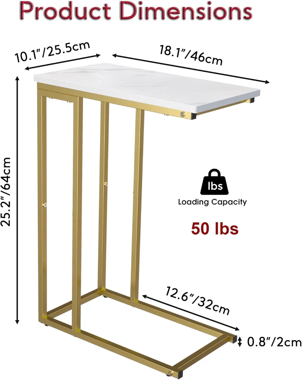 Stolik pomocniczy w kształcie litery C, podkładany pod sofę, wąski stolik przy łóżku, złoto-biała marmurkowa drewniana blacha